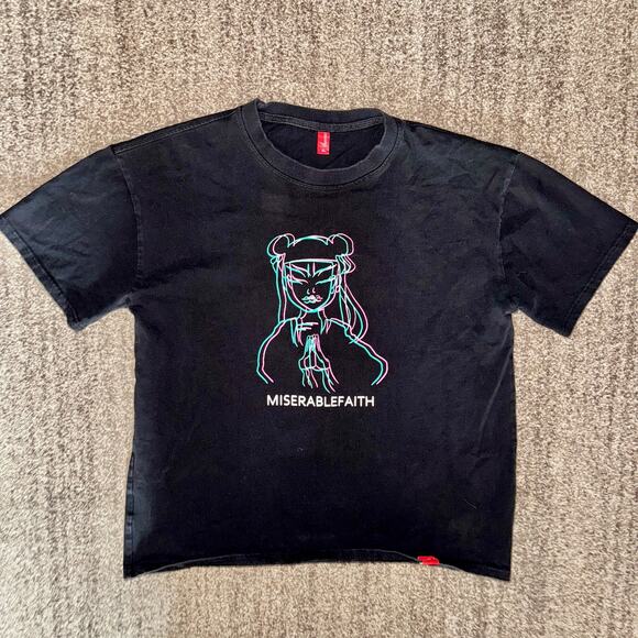 Men's Japanese Designer Black Graphic Blue Neon Short Sleeve Tee T-Shirt XL - Picture 1 of 10